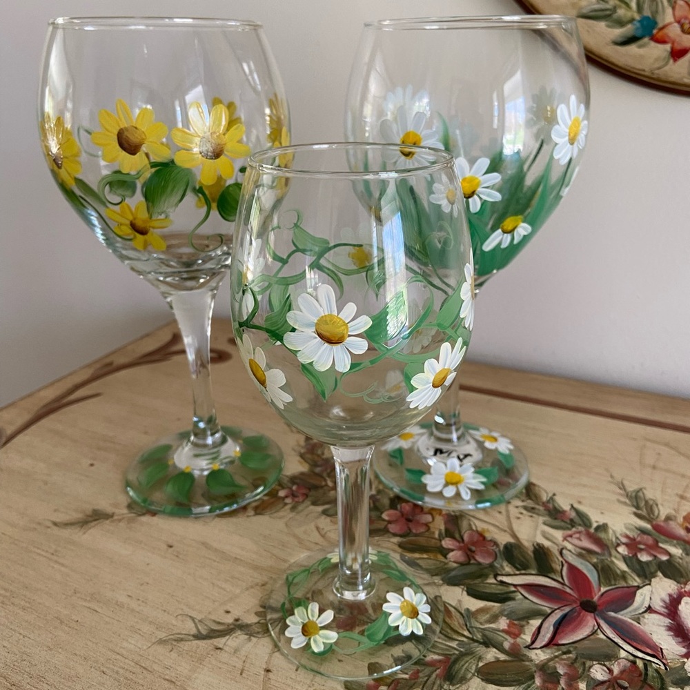 Trio of Hand-Painted Wine Glasses